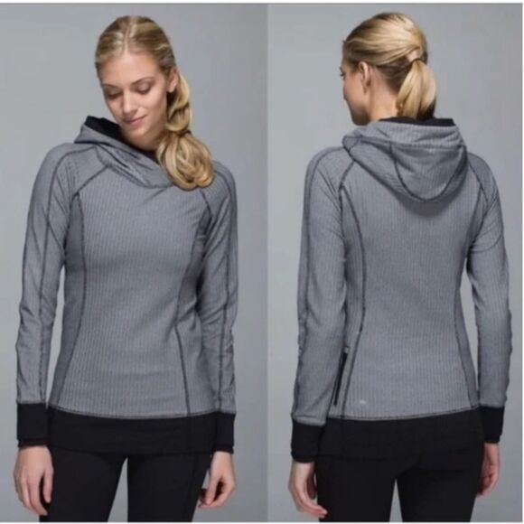 LULULEMON Think Fast Pullover Hoodie Black Gray Herringbone Long Sleeve Top sz 4 - Picture 3 of 12
